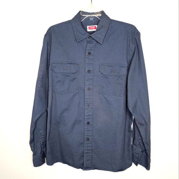 Men's Navy Blue Shirt Wrangler Men's Med Long Sleeve Button Up Business Casual - Picture 1 of 5